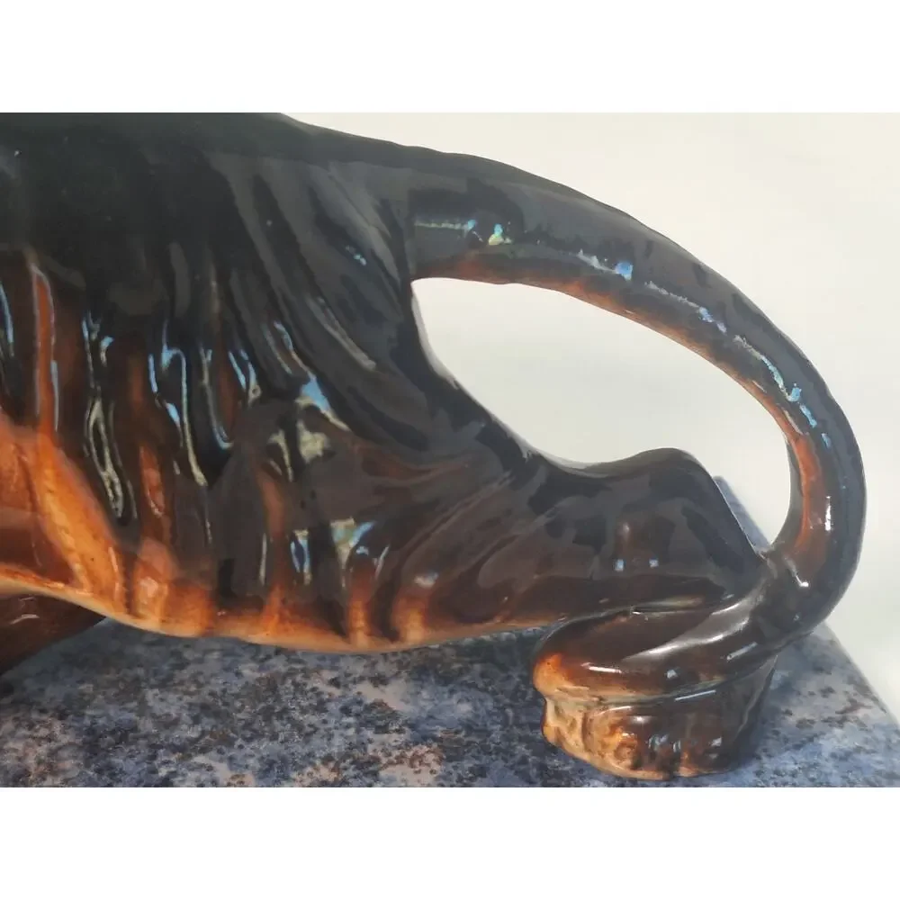 Vintage Mid Century Roaring Tiger Figurine Ceramic Black Brown Drip Glaze Japan